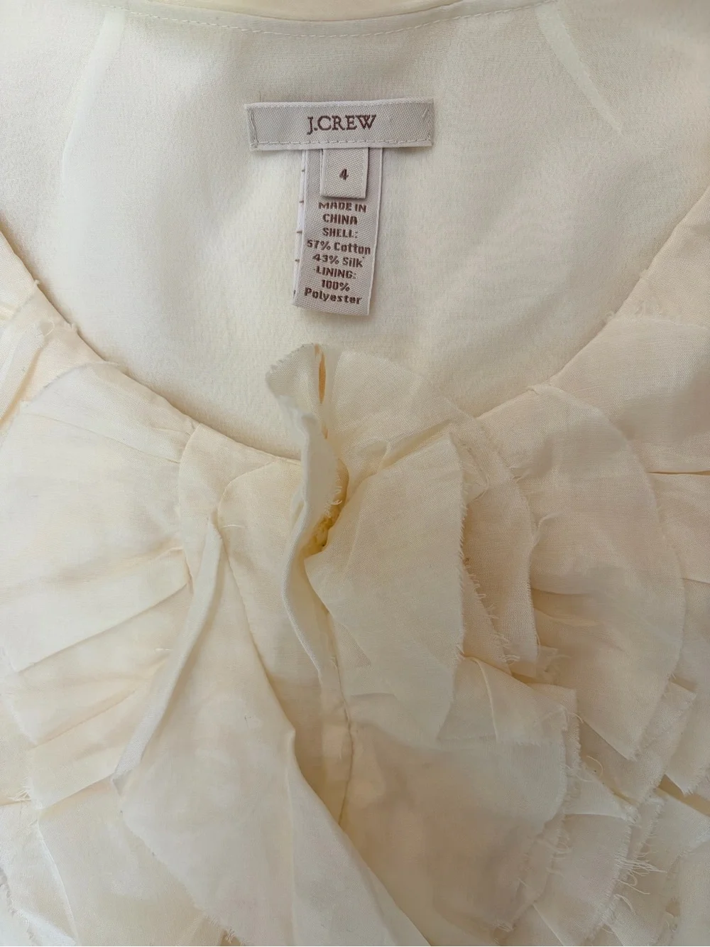 J Crew Cream Ruffle Front Silk Blend Sleeveless Top